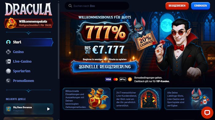 Startseite im Dracula Casino zeigt Willkommensbonus und Besonderheiten des Casinos