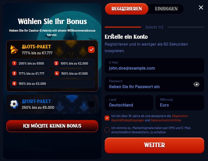 Anmeldeformular im Dracula Casino
