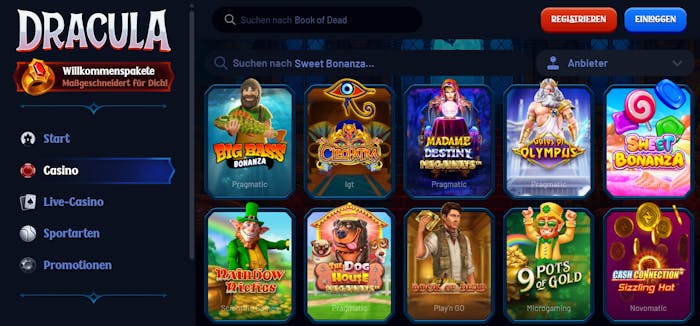 Spiellobby im Dracula Casino zeigt Spiele wie Big Bass Bonanza neben anderen Casino-Bereichen
