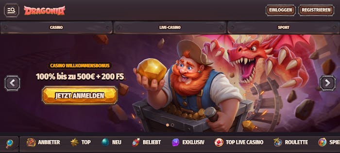 Startseite im Dragonia Casino zeigt Willkommensbonus neben anderen Casino Bereichen
