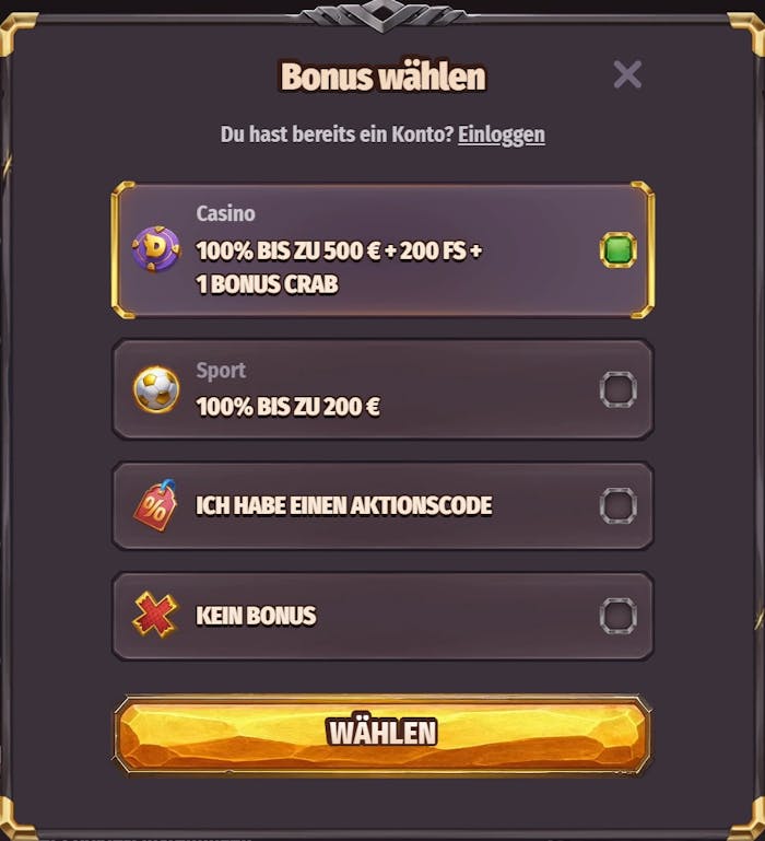 Anmeldeformular im Dragonia Casino