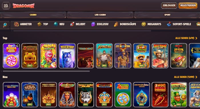 Spielloby im Dragonia Casino zeigt top Spiele wie Book of Ra neben anderen Spielkategorien