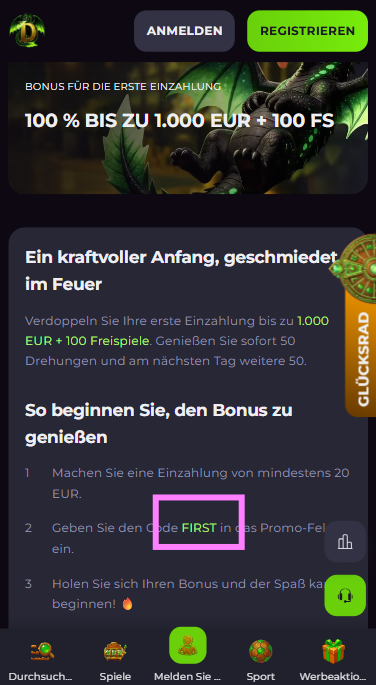 Drakaris Casino Screenshot mit dem Bonuscode des Monats.