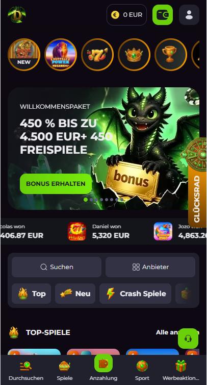 Drakaris Casino Screenshot mit der Startseite und dem Willkommensbonus.