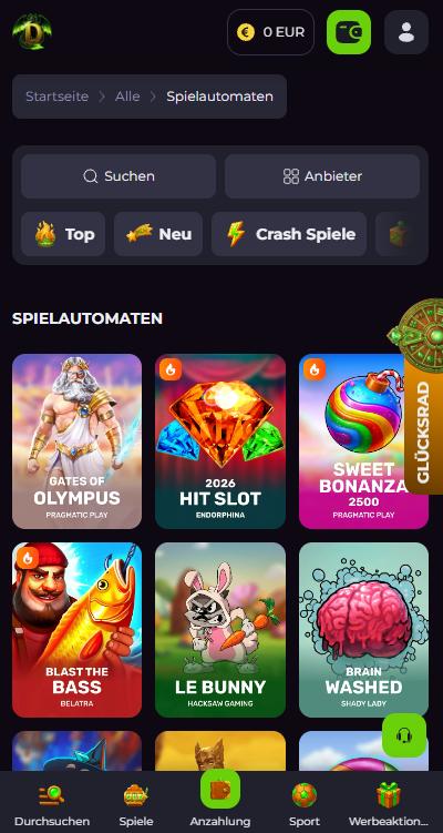 Drakaris Casino Screenshot mit der Spieleauswahl.