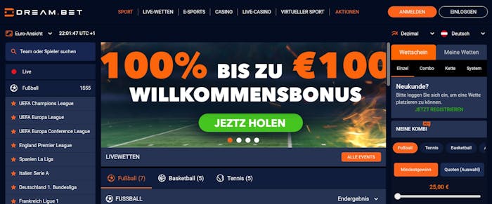 Die Homepage von Dreambet casino mit einer Beschreibung über den Willkommensbonus von 100% bis zu 100 €