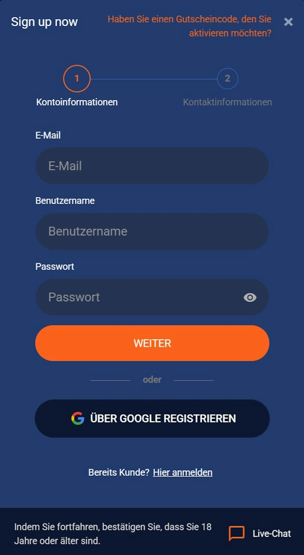 Das Registrierungsformular von Dreambet Casino