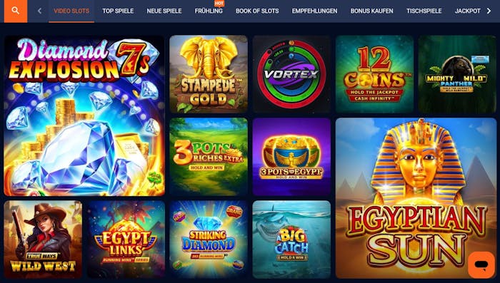 Die Spielauswahl von Dreambet Casino mit vielen verschiedenen Titeln wie Diamond Explosion 7 und Stampede Gold