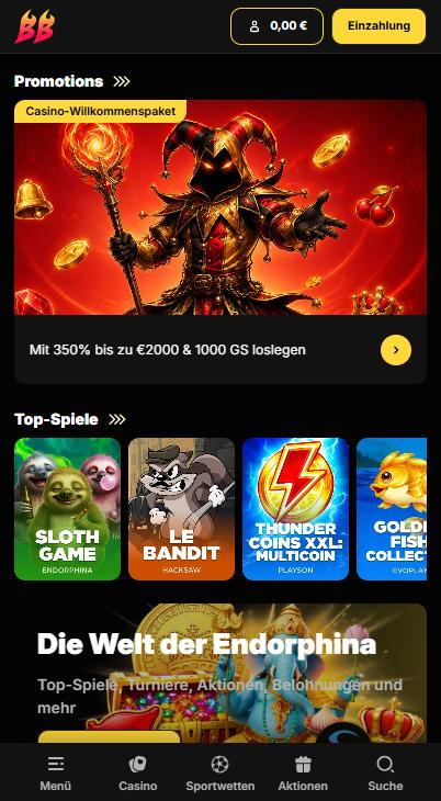 Betbluff Casino Screenshot mit der Startseite und dem Willkommensbonus.