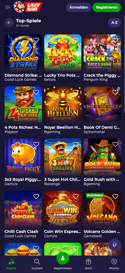 Spiellobby im Lazybar Casino zeigt top Spiele wie Lucky Trio Pots