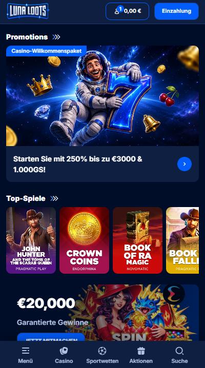 Startseite im LunaLoots Casino zeigt Promotionen und top Spiele