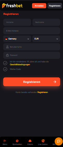 Anmeldeformular im Freshbet Casino