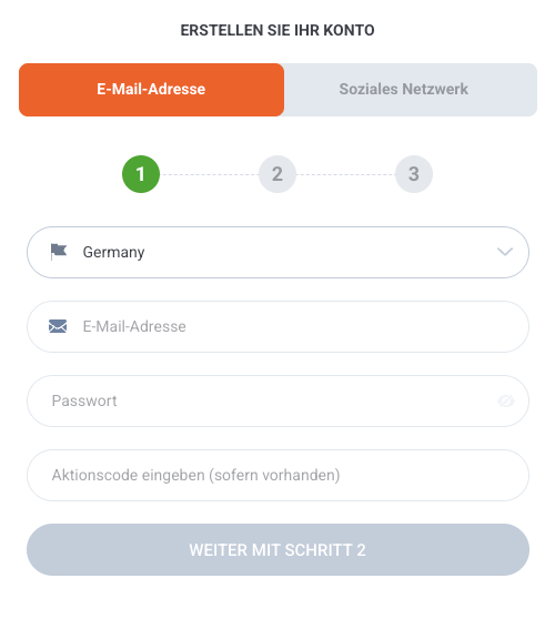 Anmeldeformular im 20Bet Casino