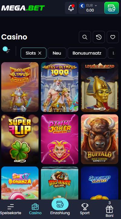 Megabet Casino Screenshot mit der Slots Seite.