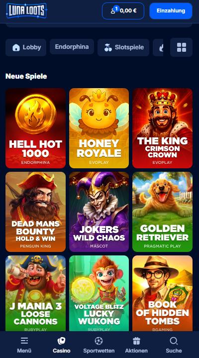 Spiellobby im LunaLoots Casino zeigt Spiele wie Honey Royale neben anderen Spielkategorien