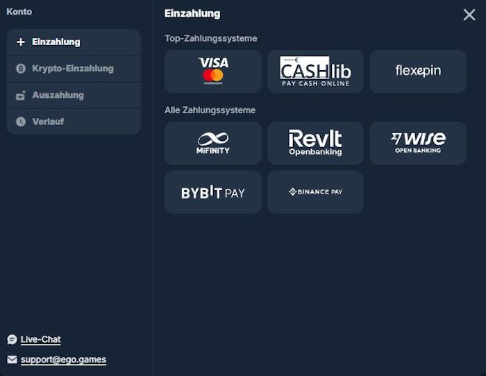 Einzahlungsmethoden im Ego Games Casino