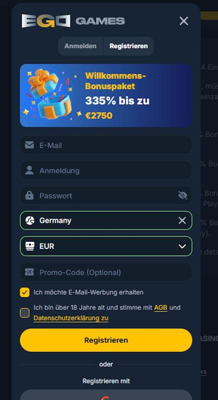 Anmeldeformular im Ego Games Casino