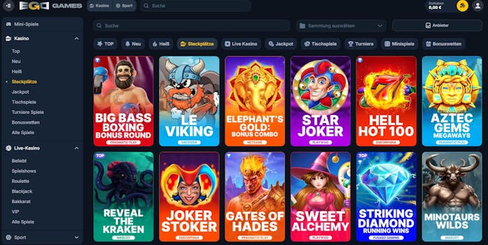 Spiellobby im Ego Games Casino zeigt Automaten wie Star Joker neben anderen Spielkategorien