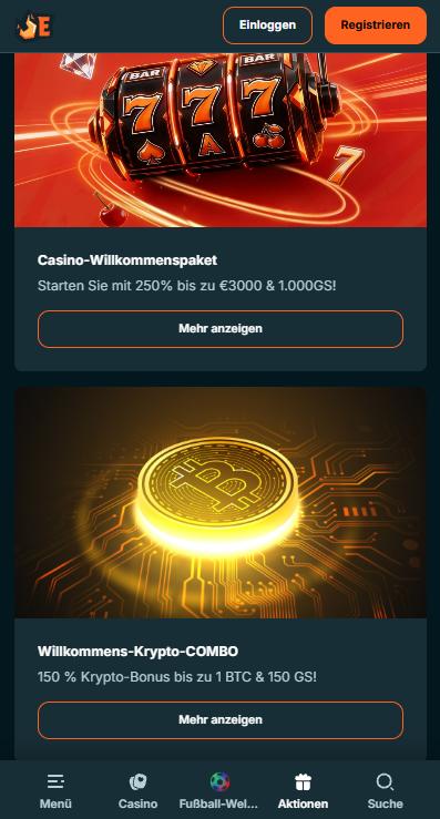 Emberbet Casino Screenshot mit der Bonusseite.
