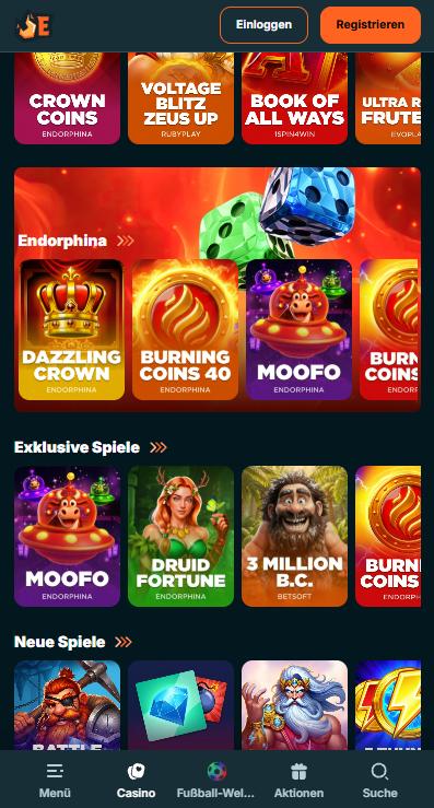 Emberbet Casino Screenshot mit der Spieleseite und den Slots des Casinos.