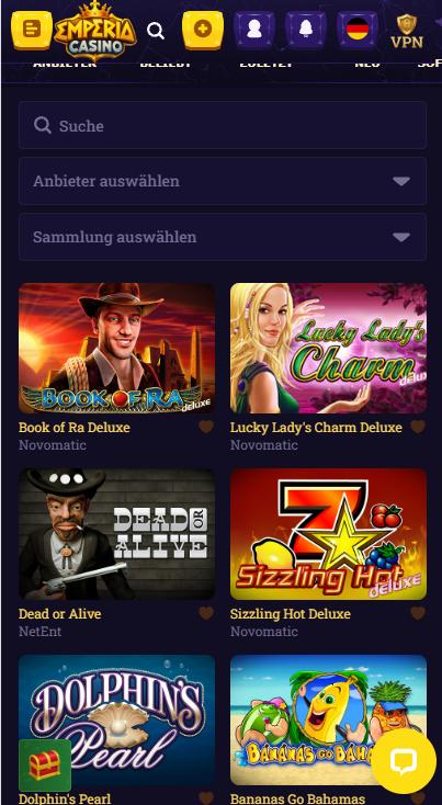 Spiellobby im Emperia Casino zeigt Spiele wie Book of Ra Deluxe neben Suchleiste und Filtern