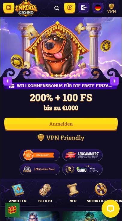 Startseite im Emperia Casino zeigt Willkommensbonus und Spielkategorien