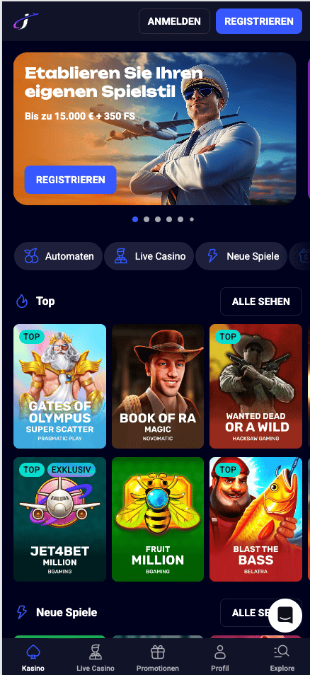 Startseite im Jet4Bet Casino zeigt Bonusangebot und top Spiele