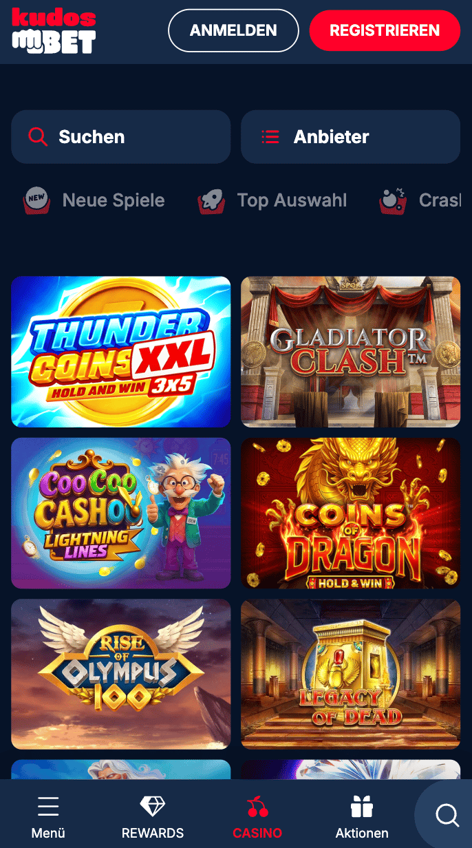 Spiellobby im Casino mit EU-Lizenz Kudos Bet zeigt Spiele wie Rise of Olympus 100 neben anderen Spielkategorien