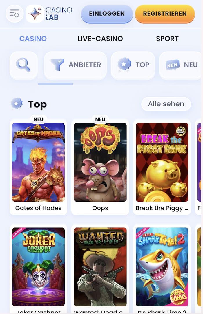 Beispielhafte Spiellobby im Online Casino ohne deutsche Lizenz