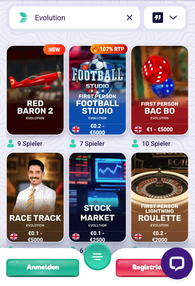 Evolution Gaming Spiele in Casino Spiellobby