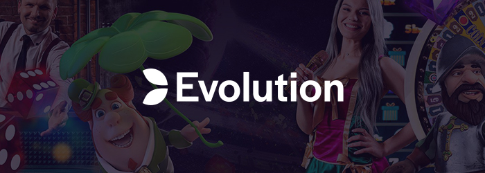 Evolution Logo vor Hintergrund mit Casino Elementen