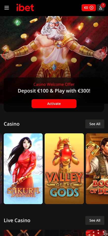 Startseite im iBet Casino zeigt Willkommensbonus neben Casino Spielen
