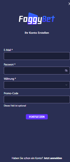 Die Anmeldemaske bei Foggybet Casino