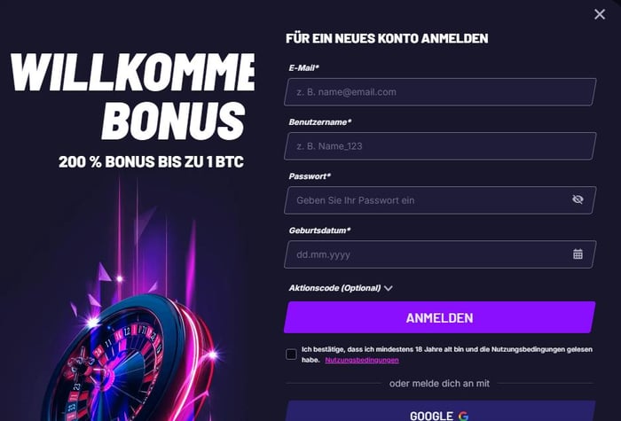 Anmeldeformular im Fast Slots Casino