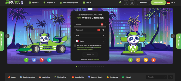 Fast Pay Casino Screenshot mit der Startseite, welche den Willkommensbonus zeigt.