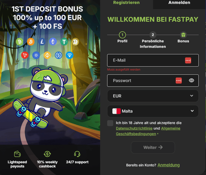 Fastpay Casino Logo Screenshot mit der Seite zur Eingabe der Daten, damit man sich registrieren kann.