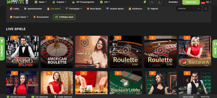 Fastpay Casino Screenshot mit der Live Spiele Seite des Live Casinos.