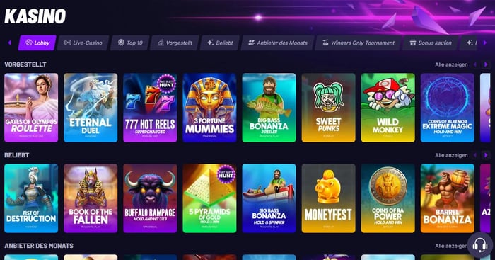 Spiellobby im Fast Slots Casino zeigt Spiele wie Book of the Fallen neben anderen Spielkategorien