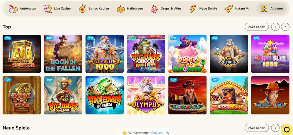 Spiellobby im FatFruit Casino zeigt top Spiele wie Gates of Olympus neben anderen Spielkategorien