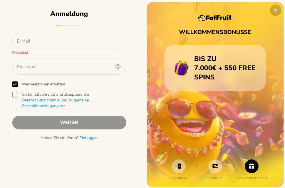 Registrierungsformular im Fatfruit Casino