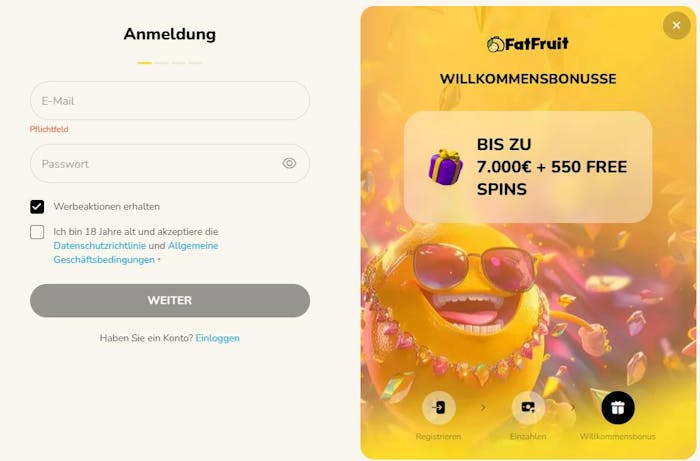 Registrierungsformular im Fatfruit Casino