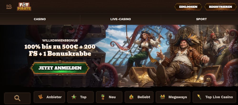 Die Homepage von Fat Pirate Casino mit einer Beschreibung über den Willkommensbonus von 100 % bis zu 500 € + 200 Freispiel + 1 Bonus Crab