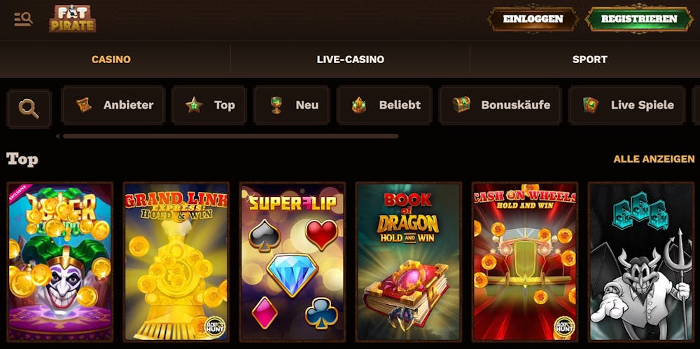 Eine Ansicht über verschiedene Slots bei Fat Pirate Casino mit Titeln wie SuperFlip und Book of Dragon