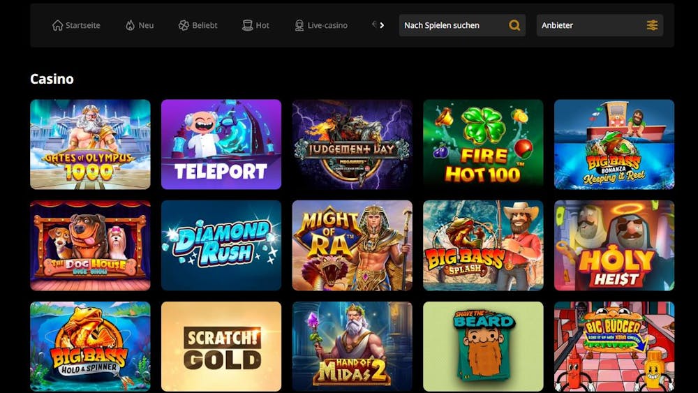 Spiellobby im Favoritobet Casino zeigt Spiele wie Gates of Olympus 1000 neben anderen Spielkategorien und Filteroptionen