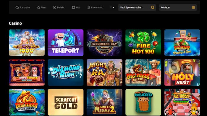 Spiellobby im Favoritobet Casino zeigt Spiele wie Gates of Olympus 1000 neben anderen Spielkategorien und Filteroptionen
