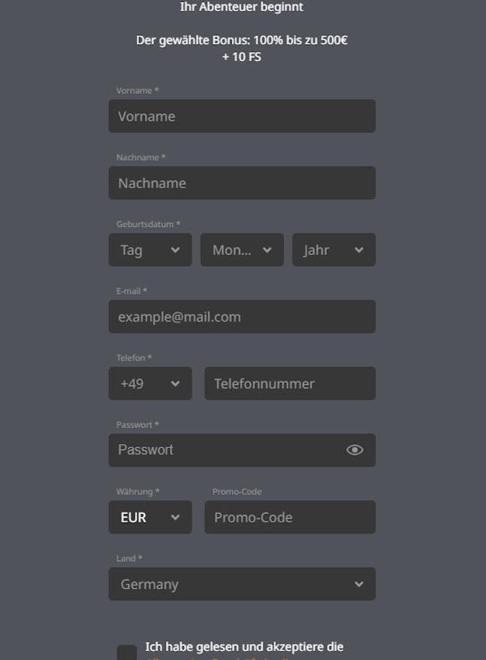 Anmeldeformular im FavoritoBet Casino