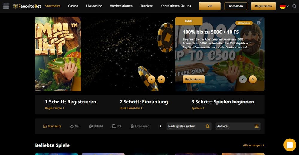 Startseite im FavoritoBet Casino zeigt Aktionen neben Schritten zur Registrierung 