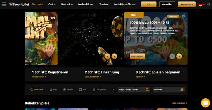 Startseite im FavoritoBet Casino zeigt Aktionen neben Schritten zur Registrierung 