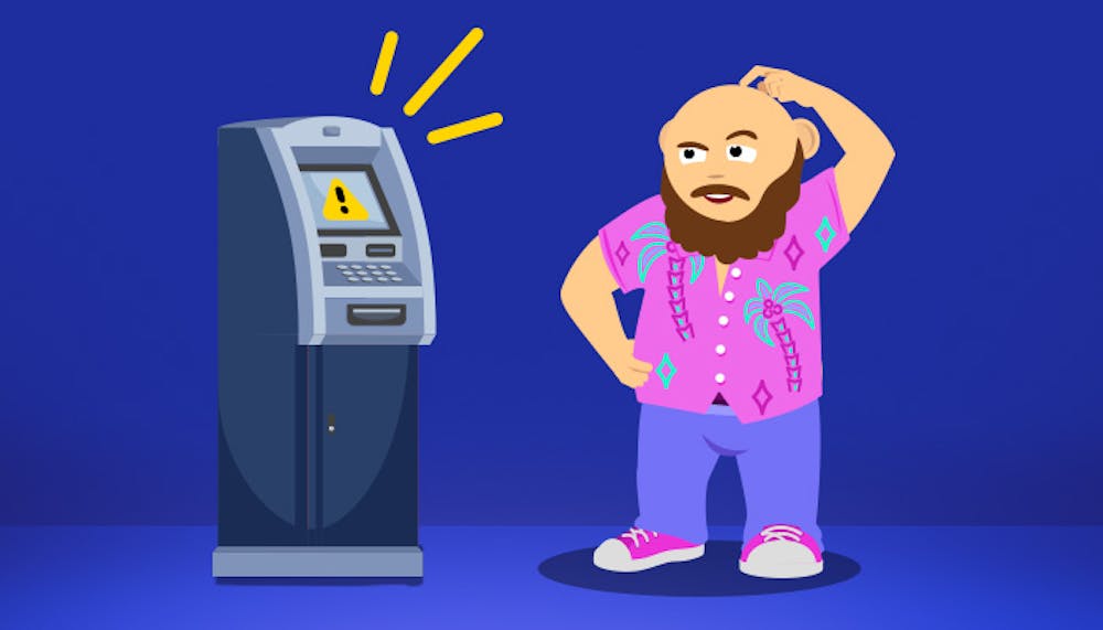 Nachdenklicher CasinoBernie vor Bankautomat mit Fehlermeldung bei schneller Casino Auszahlung