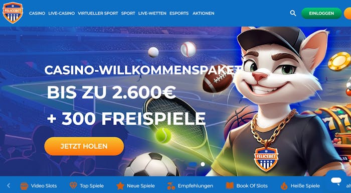 Startseite im Felicebet Casino zeigt Willkommenspaket und Spielkategorien